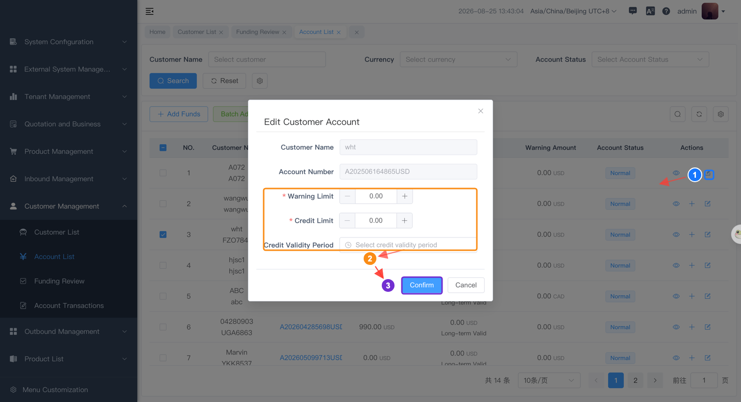 Edit Customer Account dialog