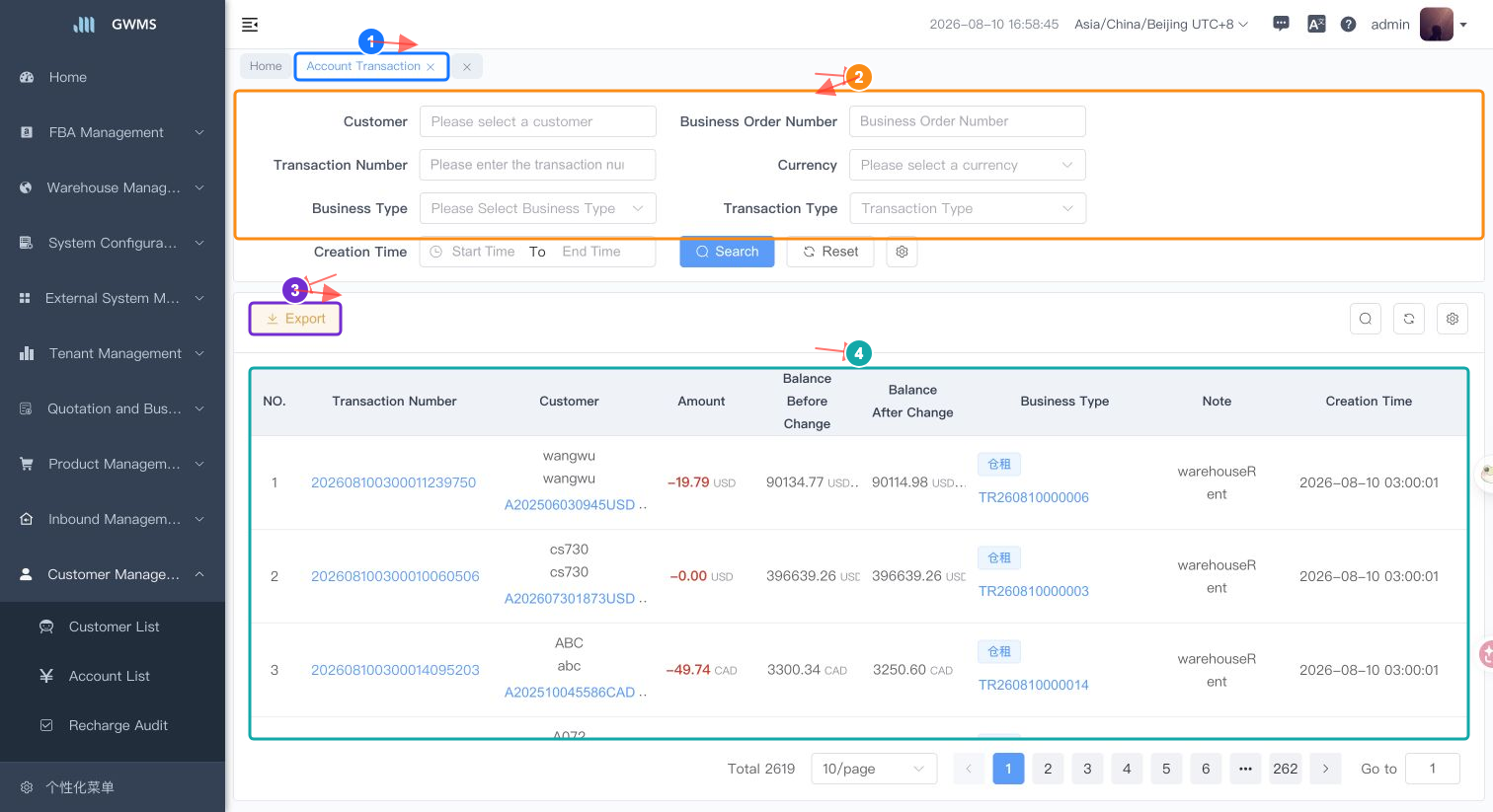 Account Transactions page