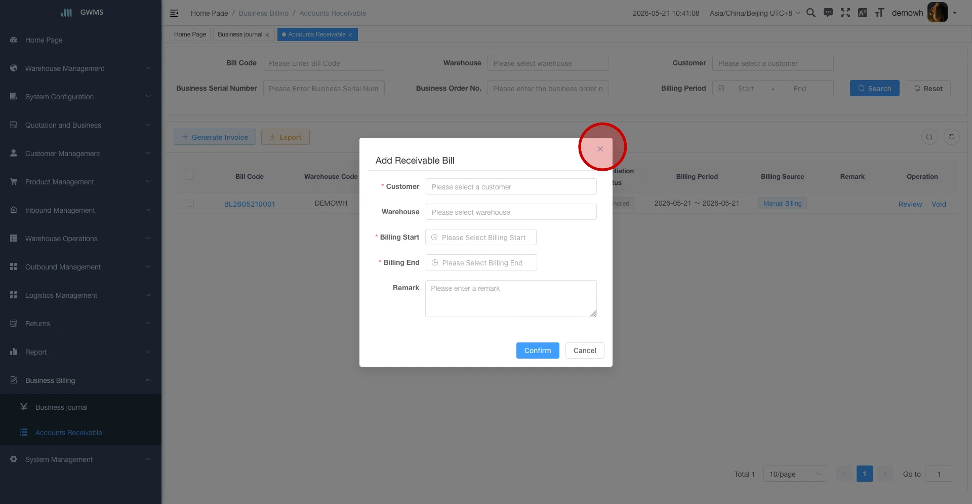 Fill in the Add Receivable Bill dialog