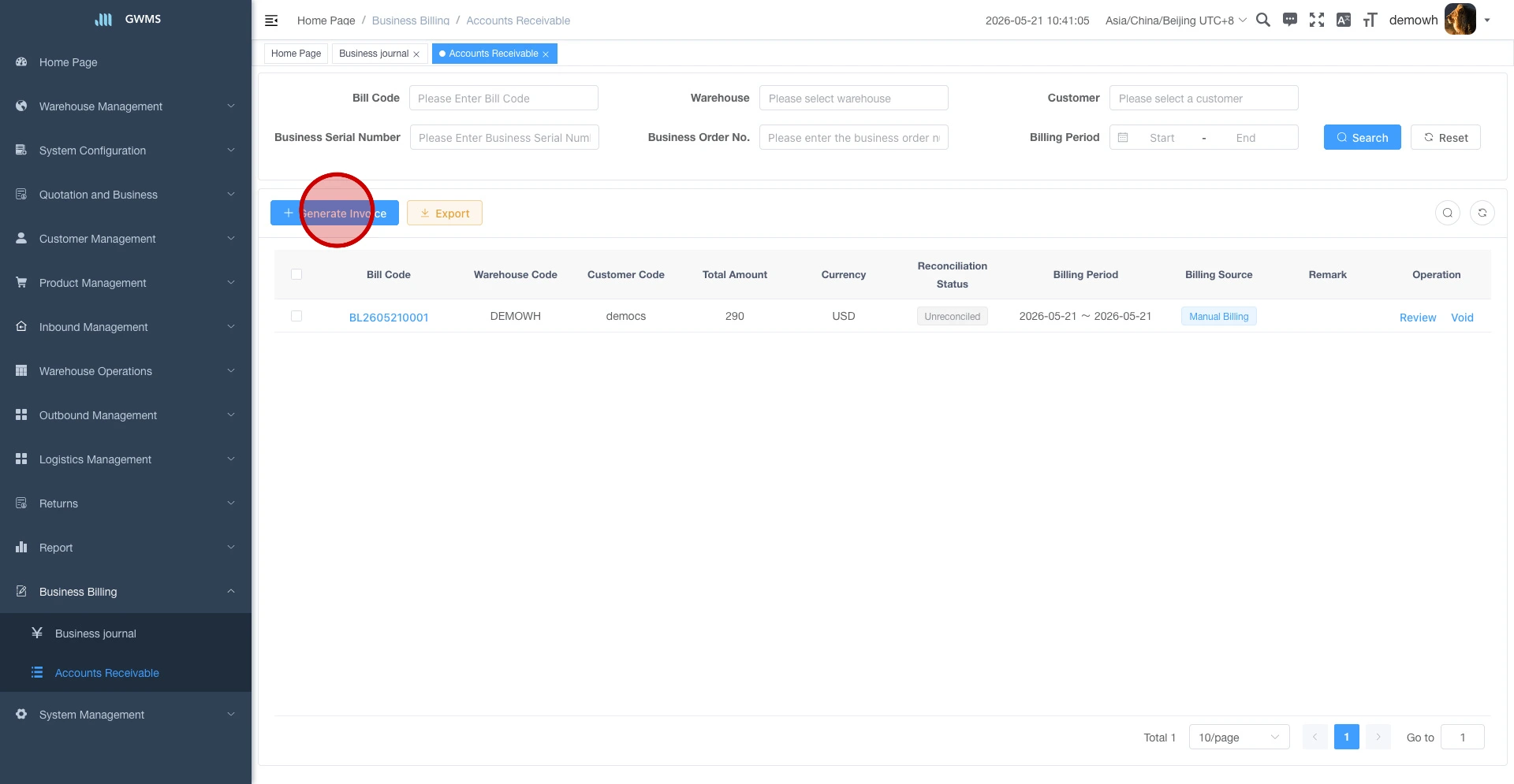 Click Generate Invoice in Accounts Receivable