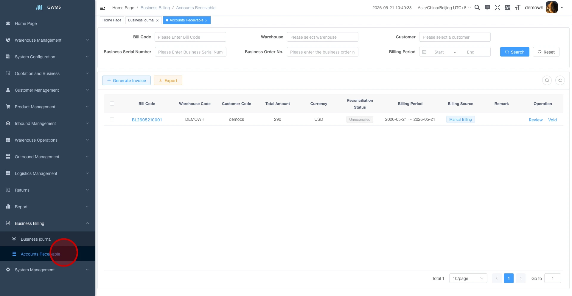 Open the Accounts Receivable page