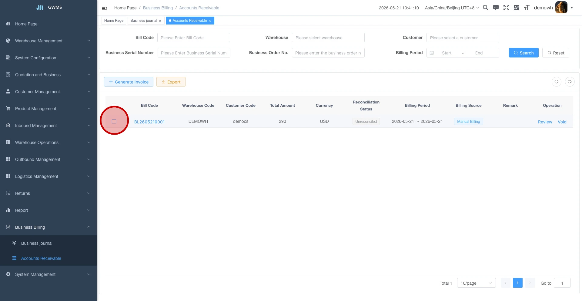 Select the target bill row before export