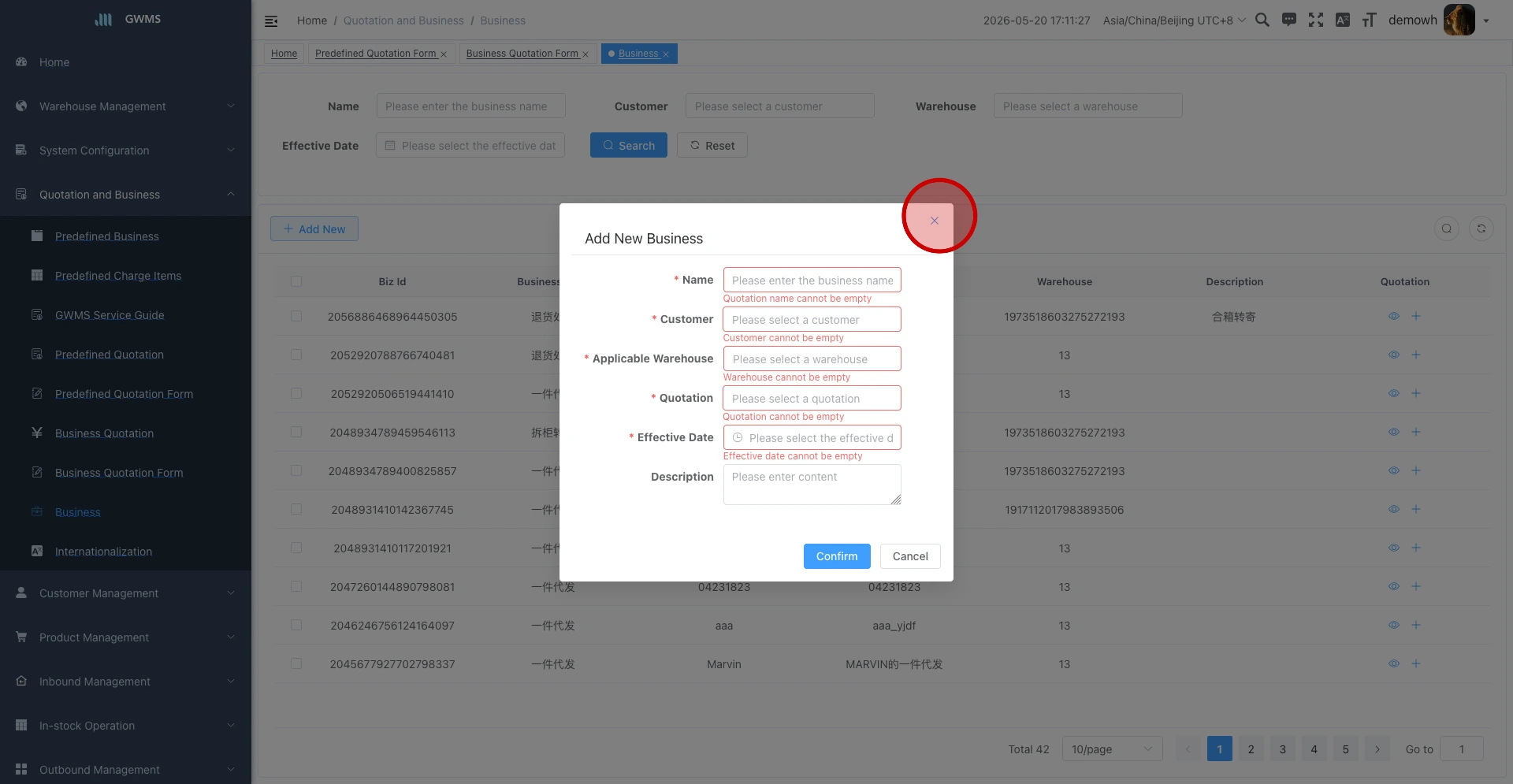 Add a business from a predefined quotation sheet
