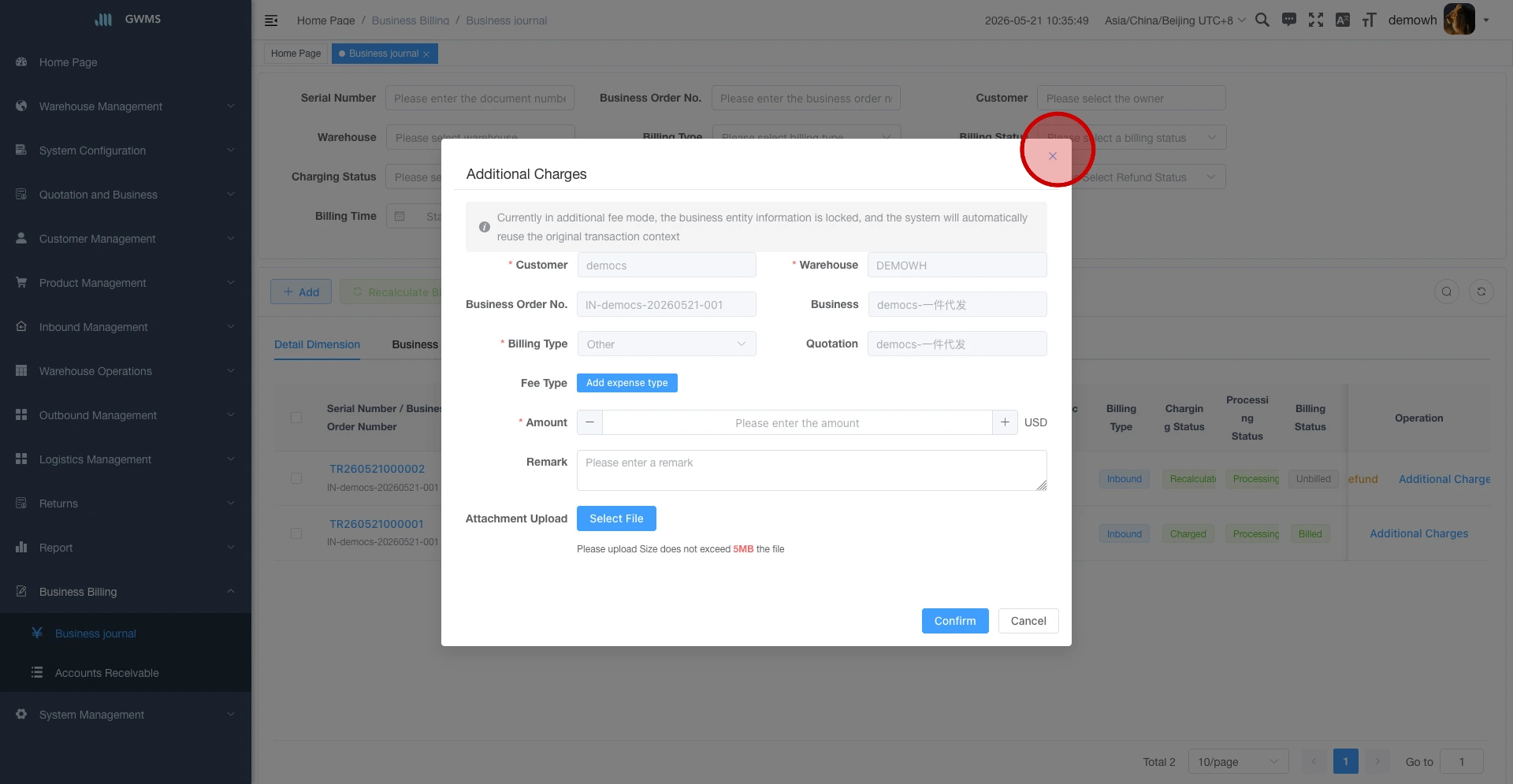 Fill in the Additional Charges dialog