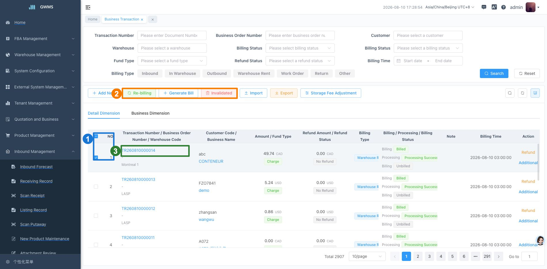 Select transactions for batch actions
