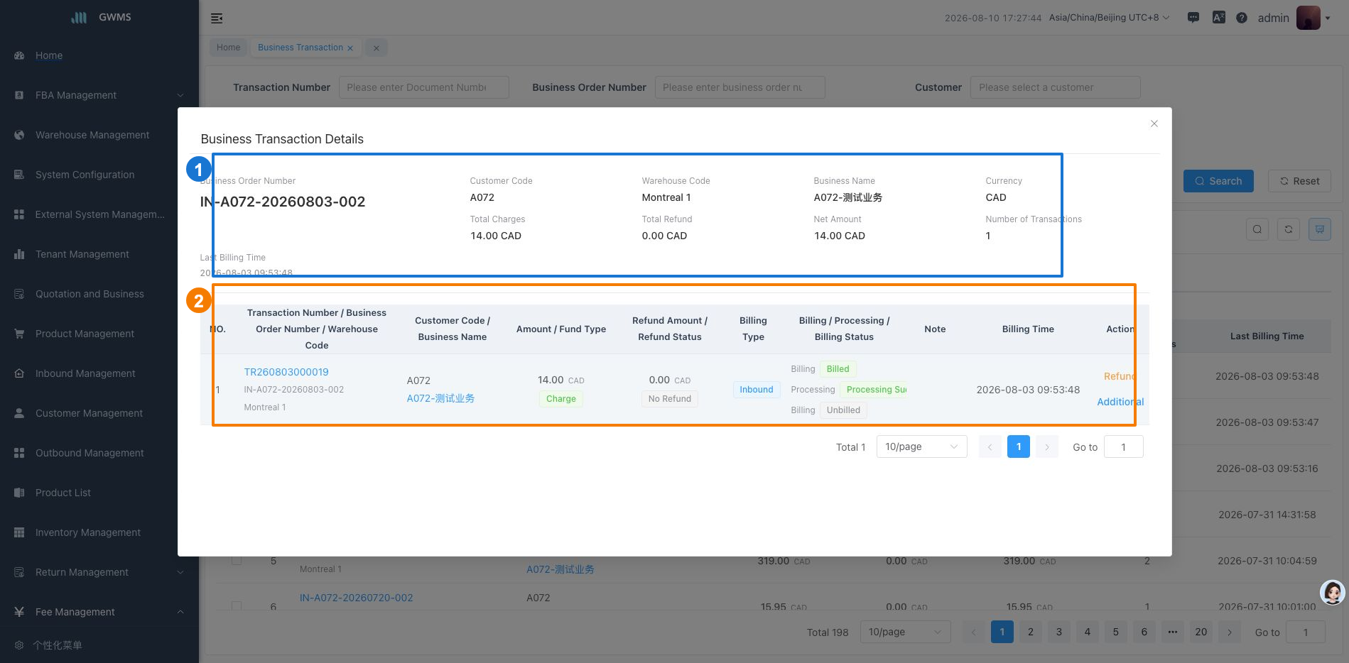 Business transaction details
