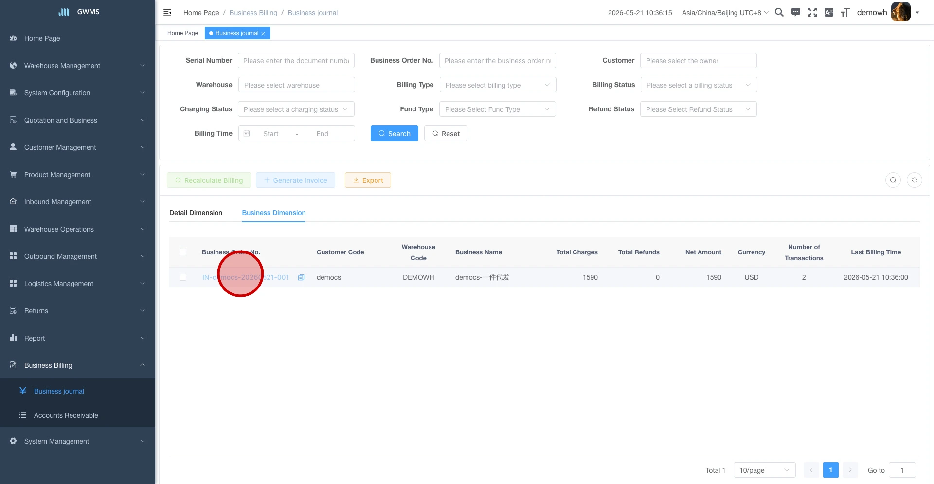 Review one grouped row in Business Dimension