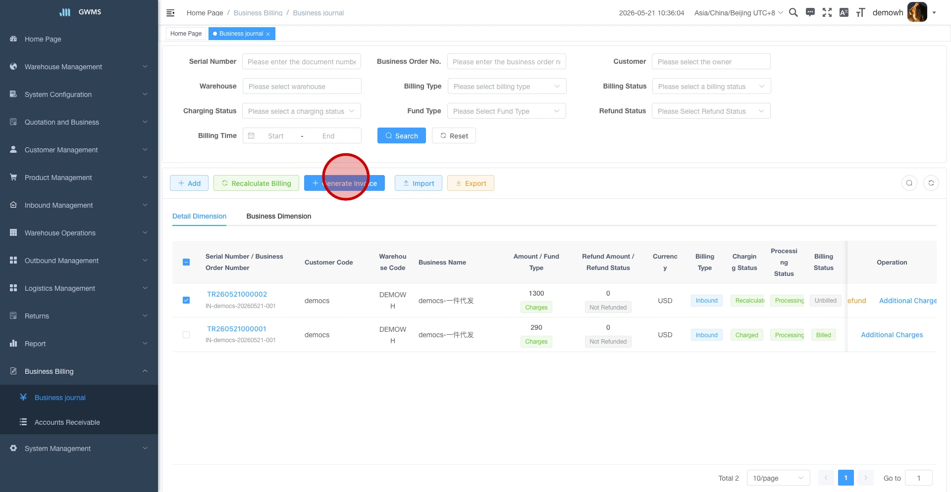 Click Generate Invoice after selecting the target row