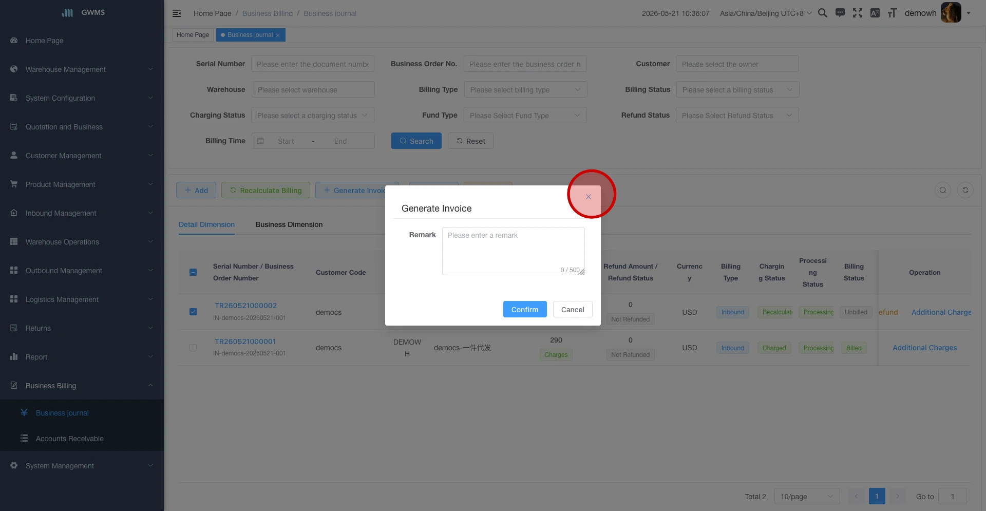 Confirm the Generate Invoice dialog