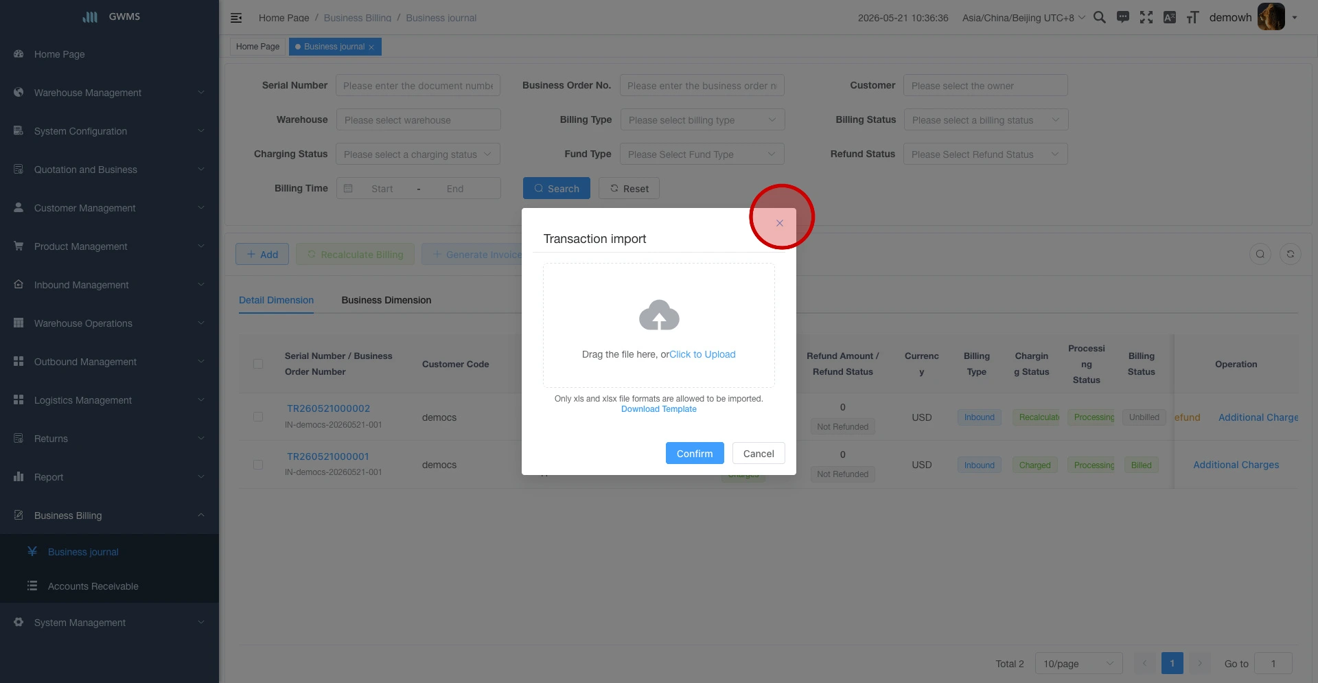 Upload the template file in Transaction import