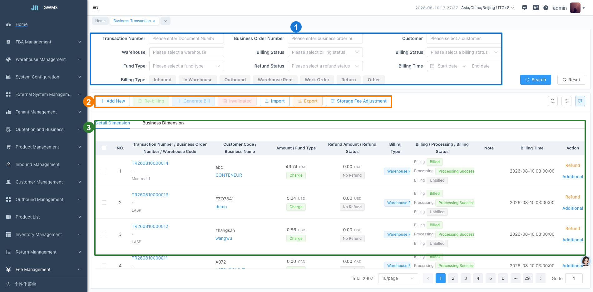 Service Transactions page