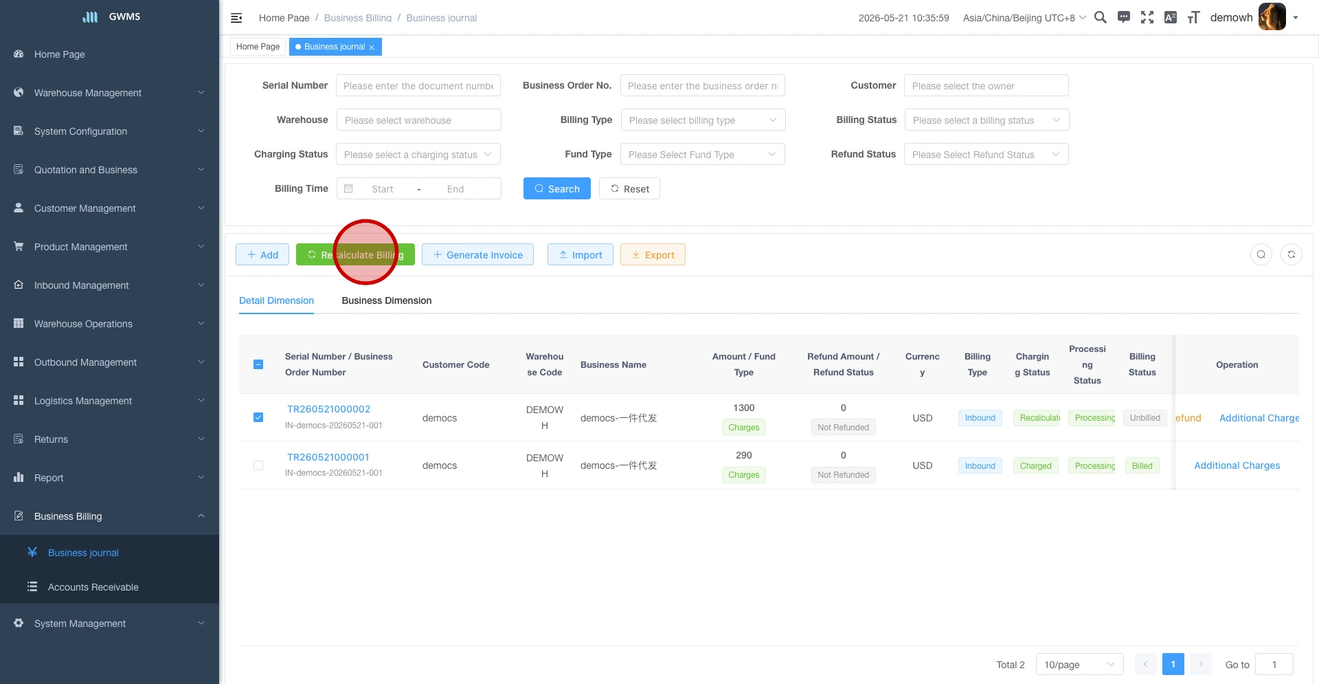 Click Recalculate Billing after selecting the target row