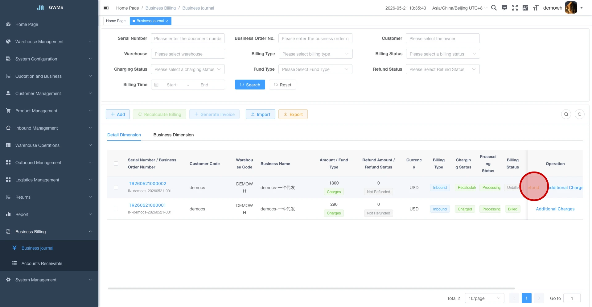 Click refund in the Operation column