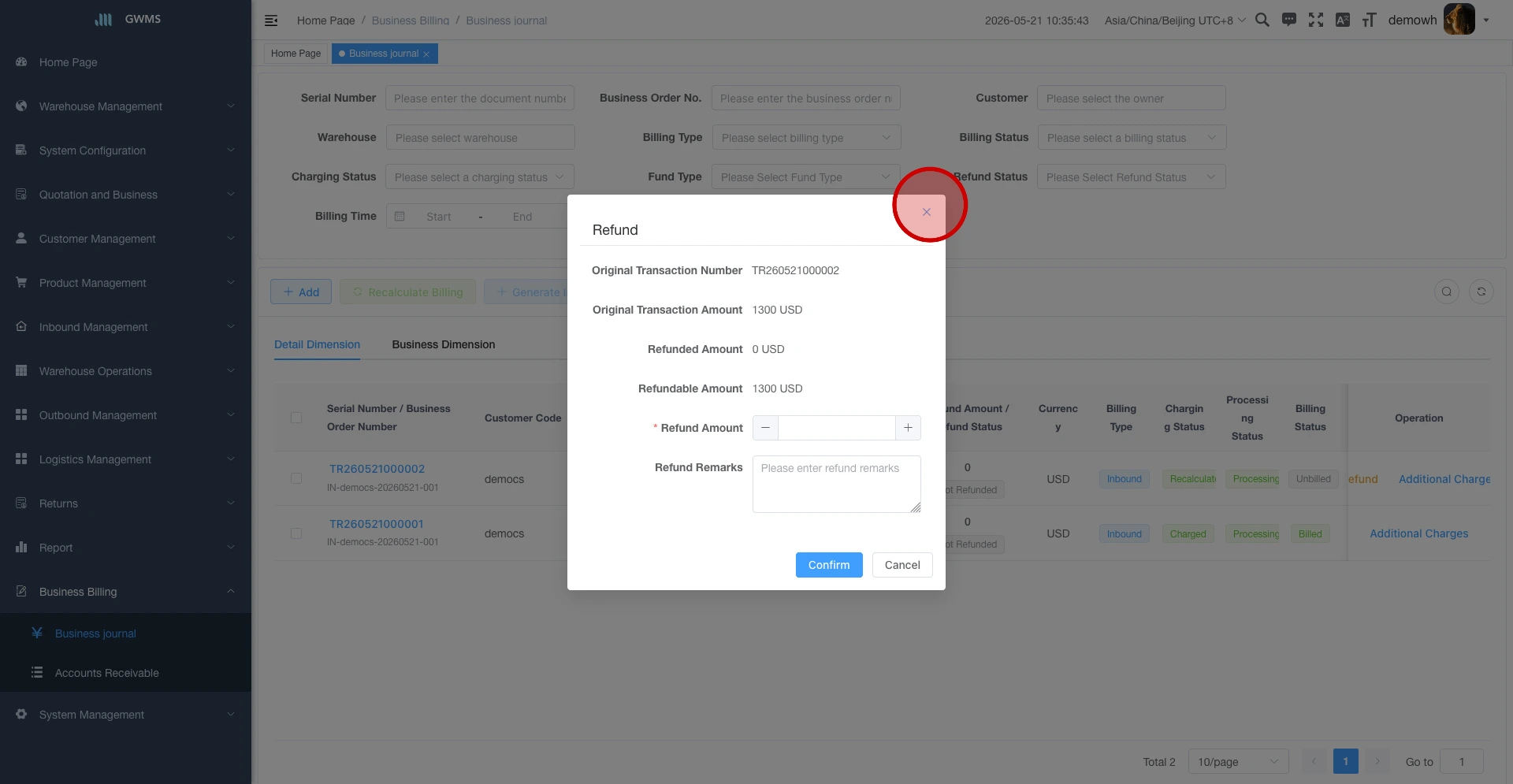 Enter the refund amount and remarks