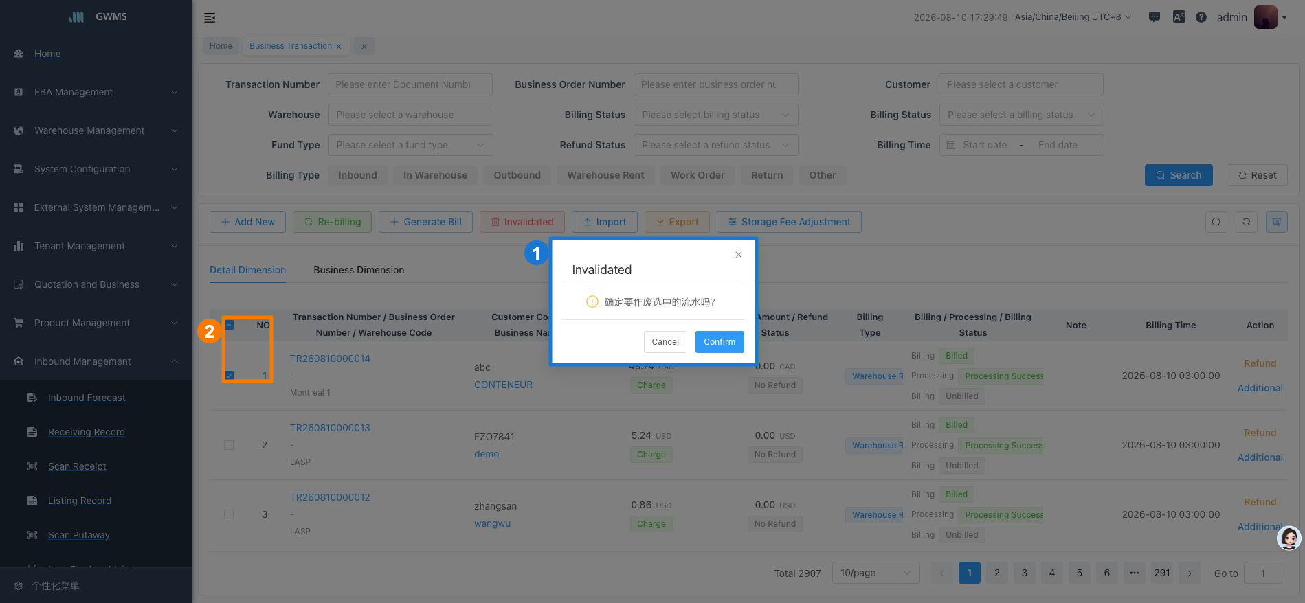 Invalidate transactions