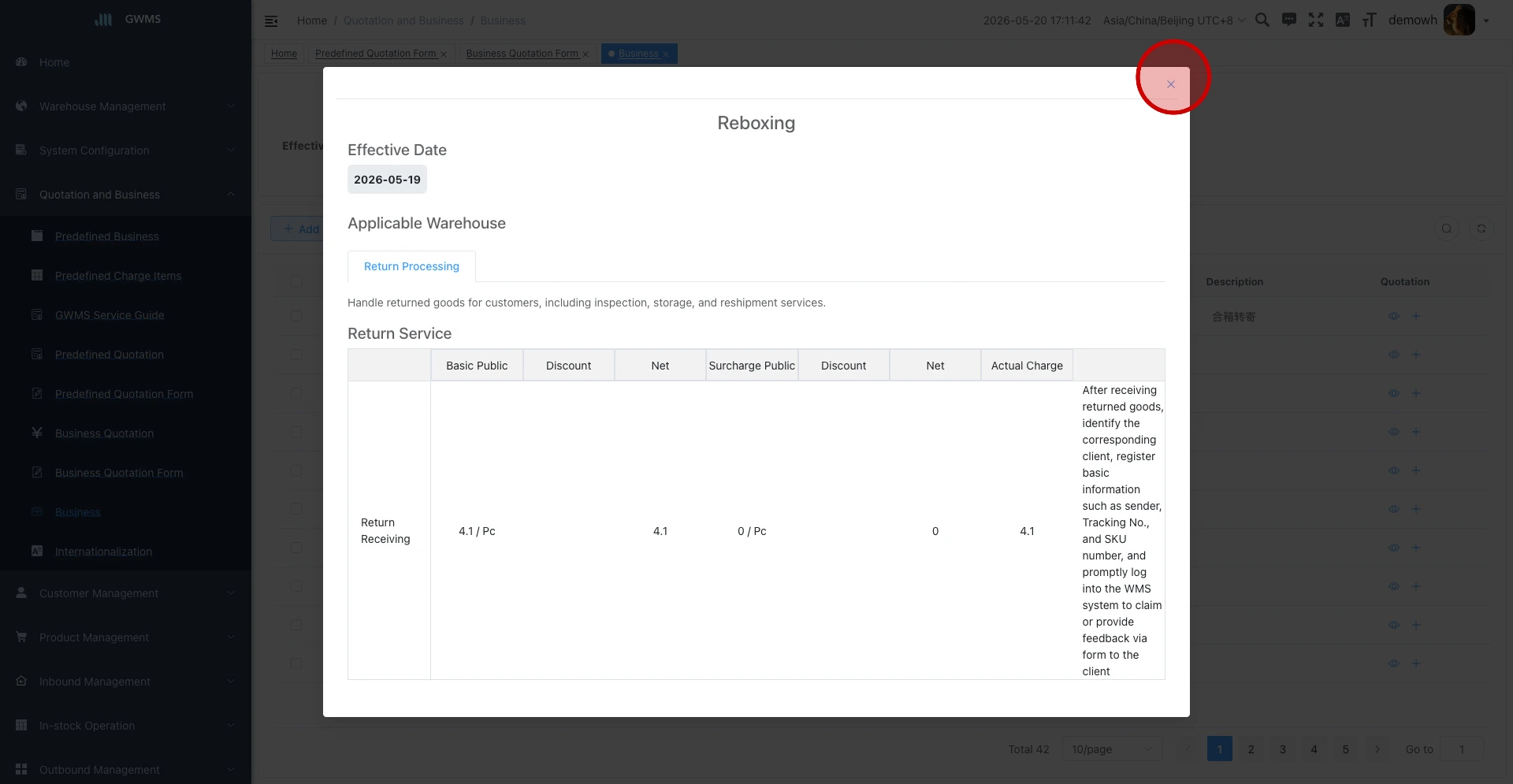 Review the quotation detail linked to one business