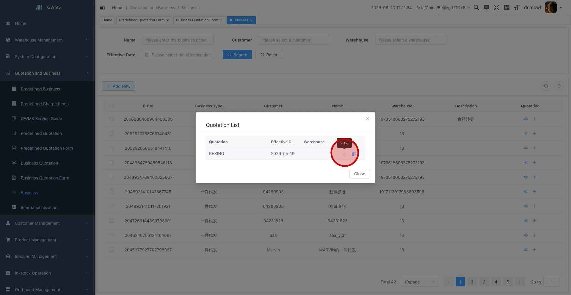 Open the quotation list linked to one business