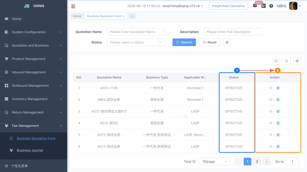 Status and Action columns