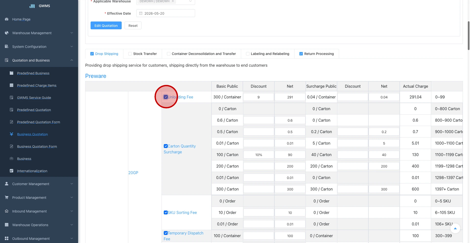 After filling in the customer and header information, click Create Quotation