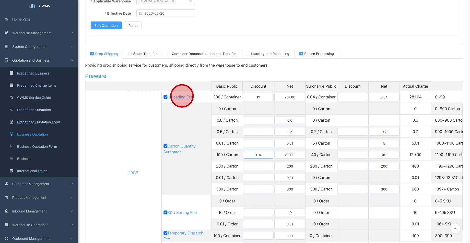 After the discount changes, the row values such as Net and Actual Charge are updated