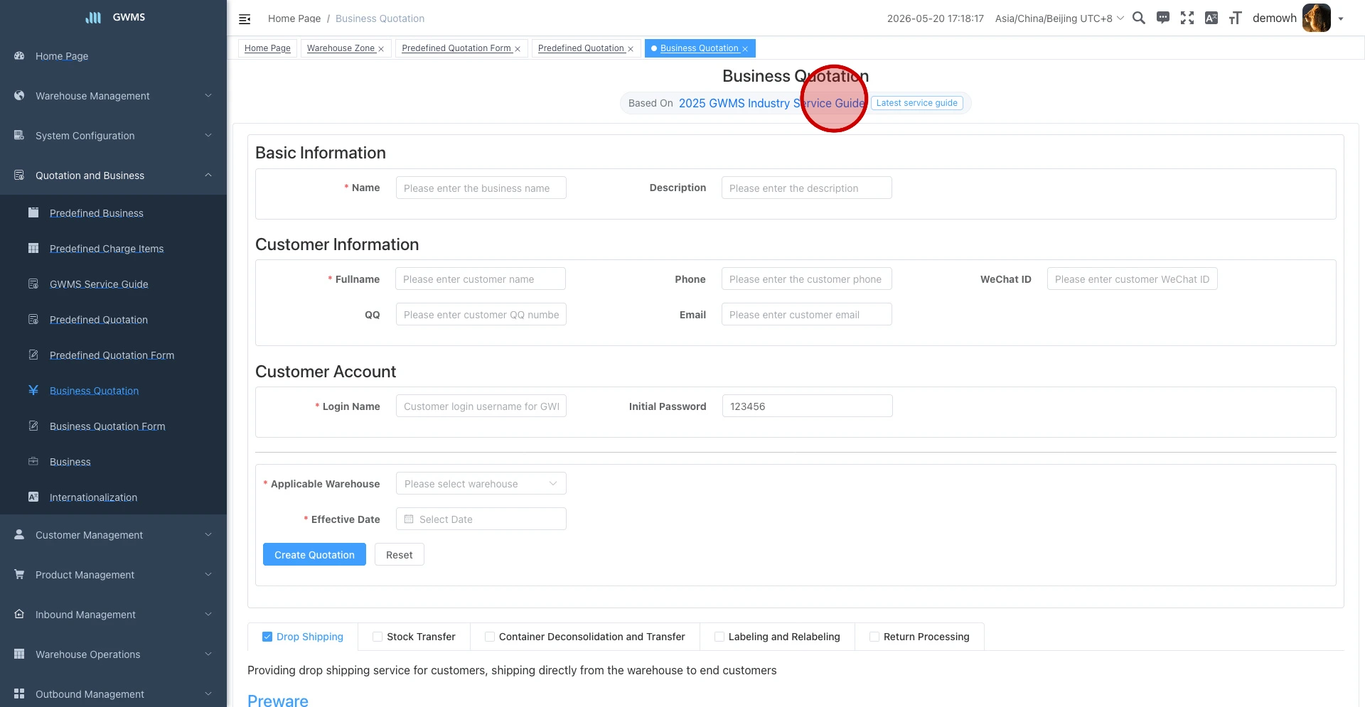 The page can load the quotation tree from Latest service guide