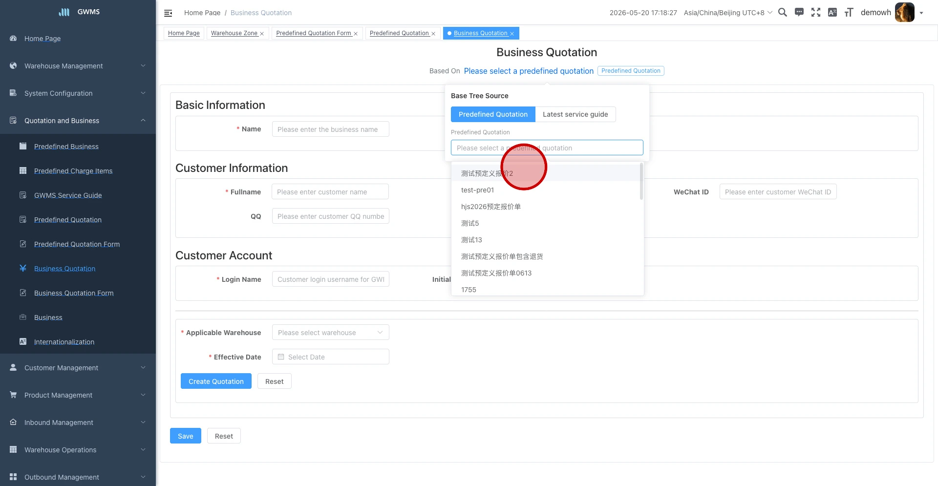 Switch to Predefined Quotation and select one template from the dropdown list