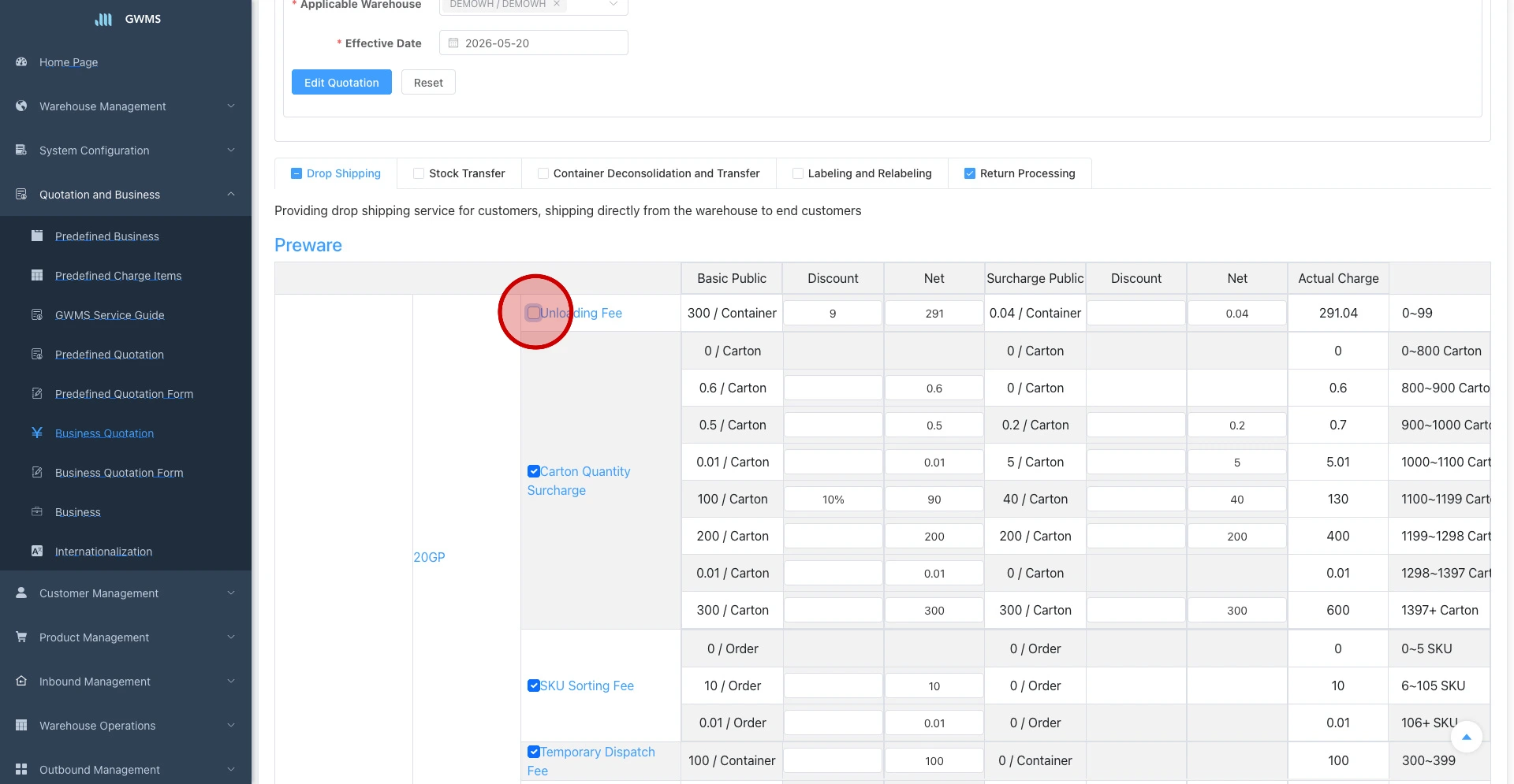 Select the charge items that should stay under the current business