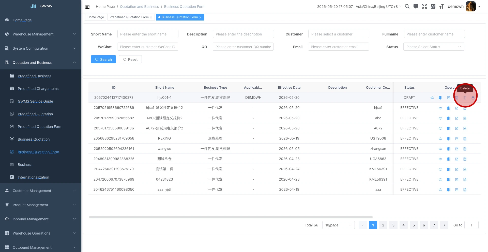 Click the Delete action for a draft quotation sheet