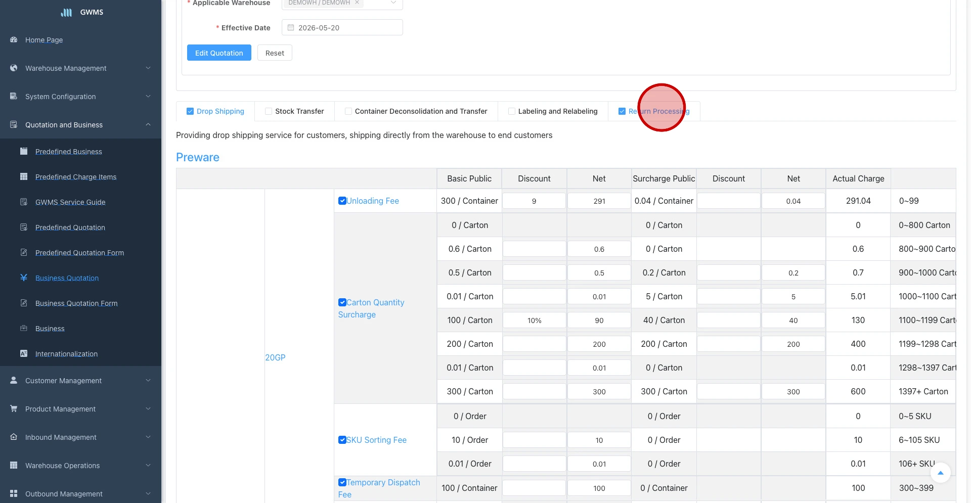 Clear one business tab checkbox to remove that business from the current quotation scope