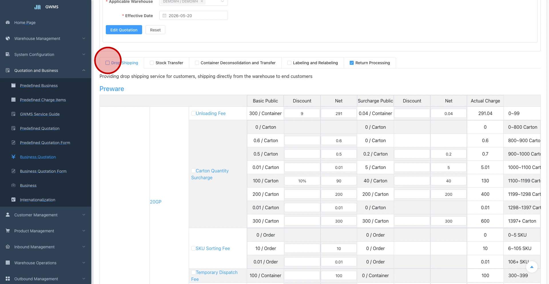 A partial-selected tab means only part of the current business items are kept