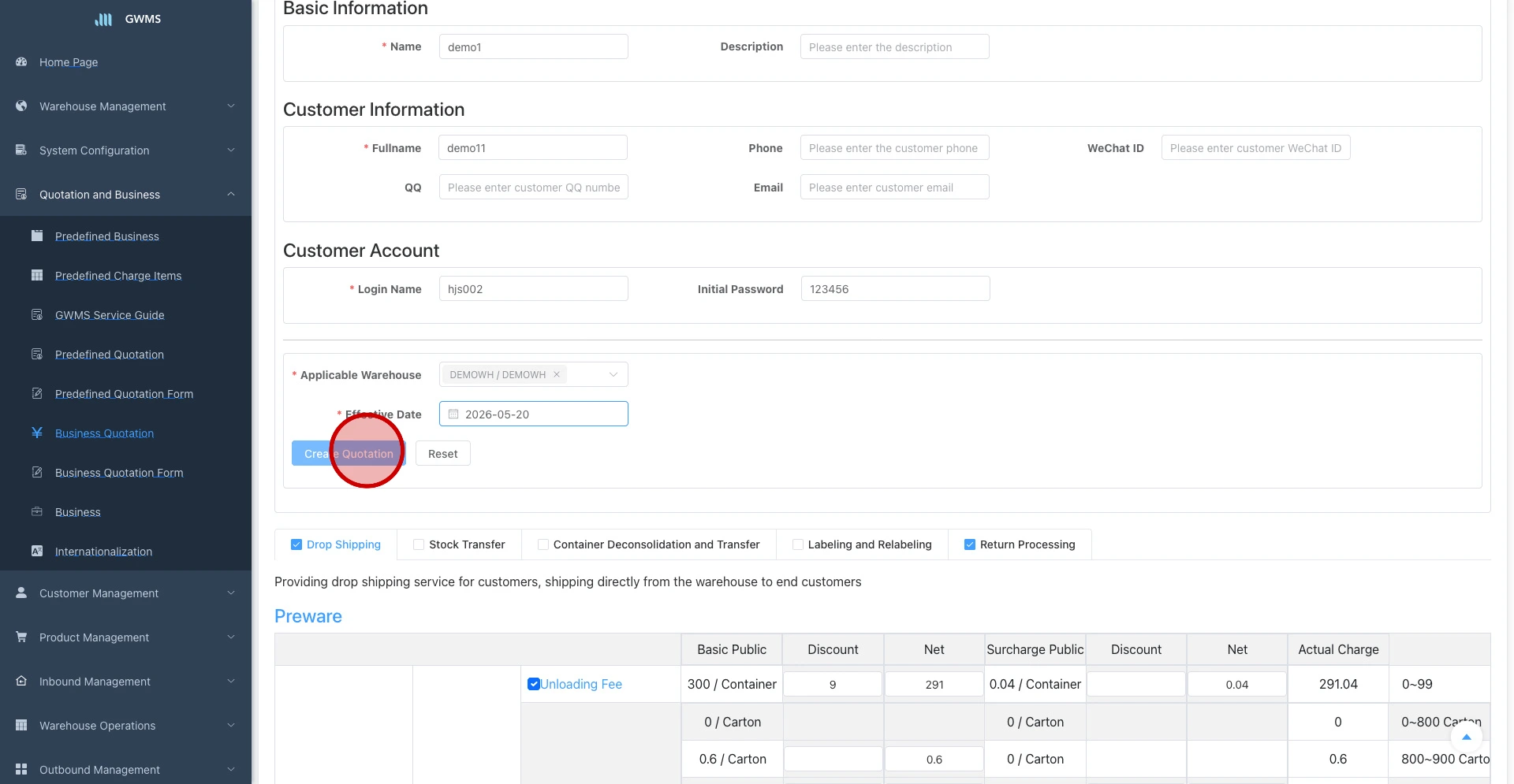Select the applicable warehouse for the current quotation