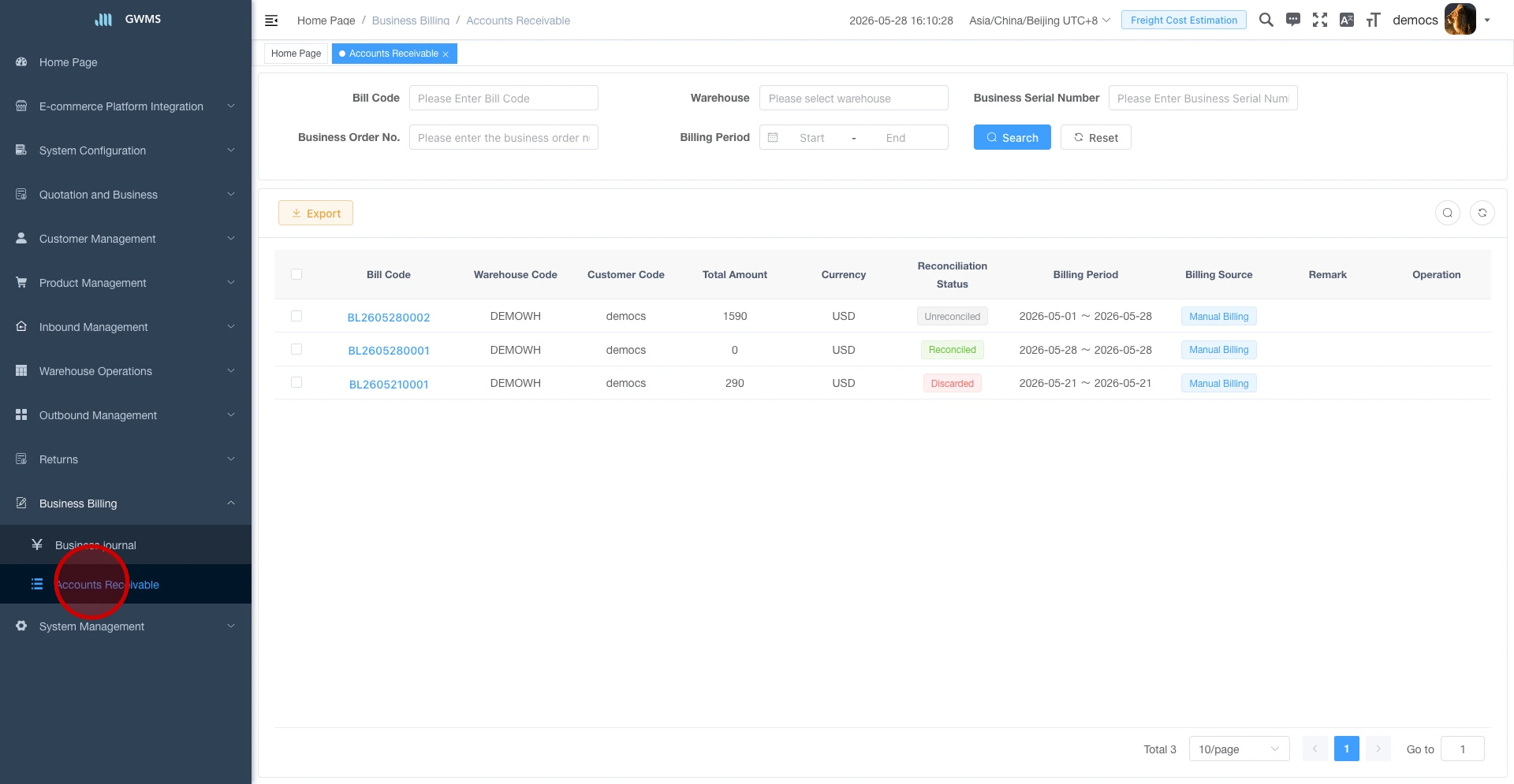 Open the Accounts Receivable page