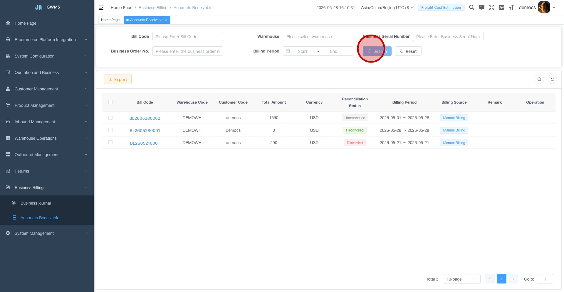 Click Search after entering bill filters