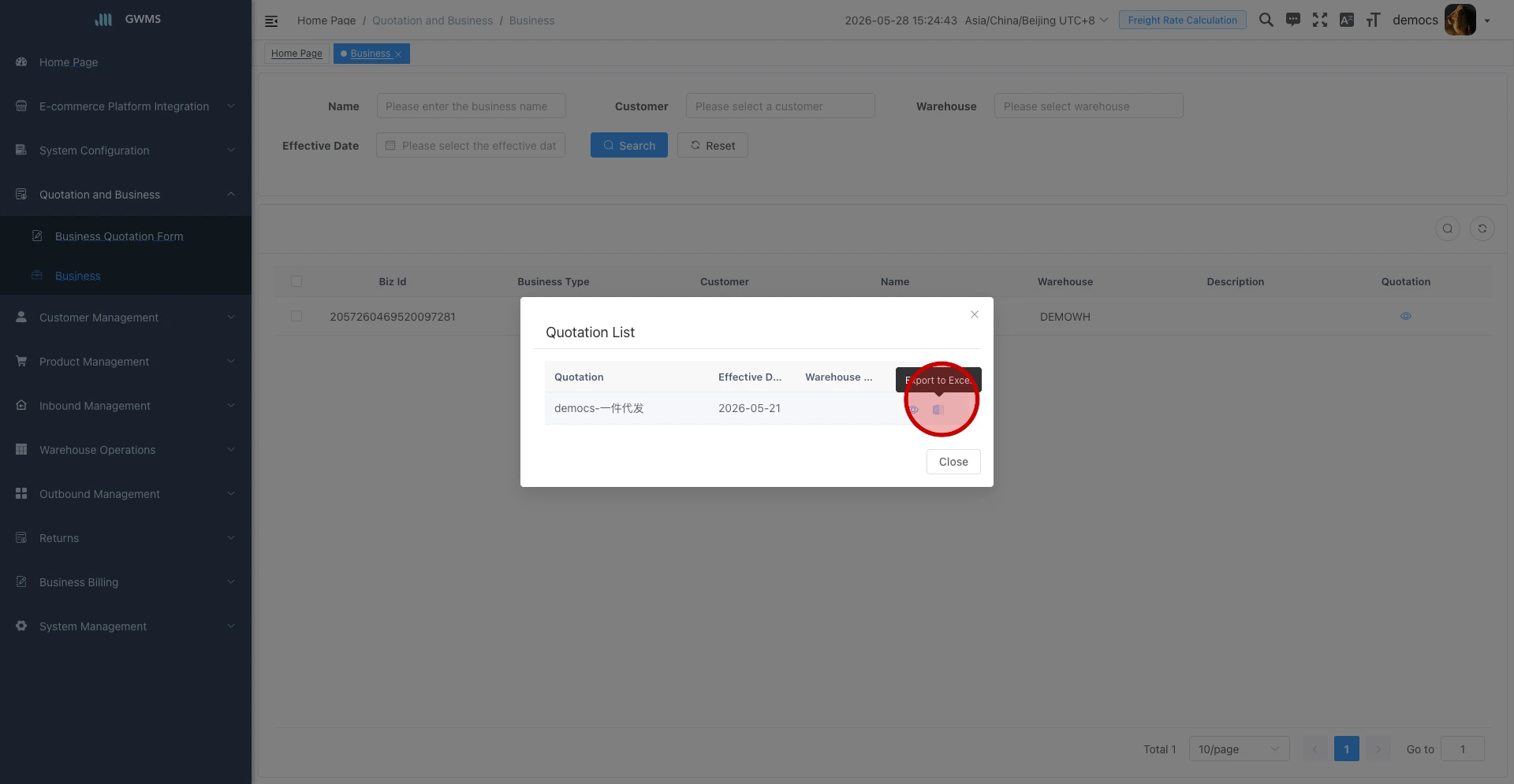 Click the export icon in the Quotation List dialog