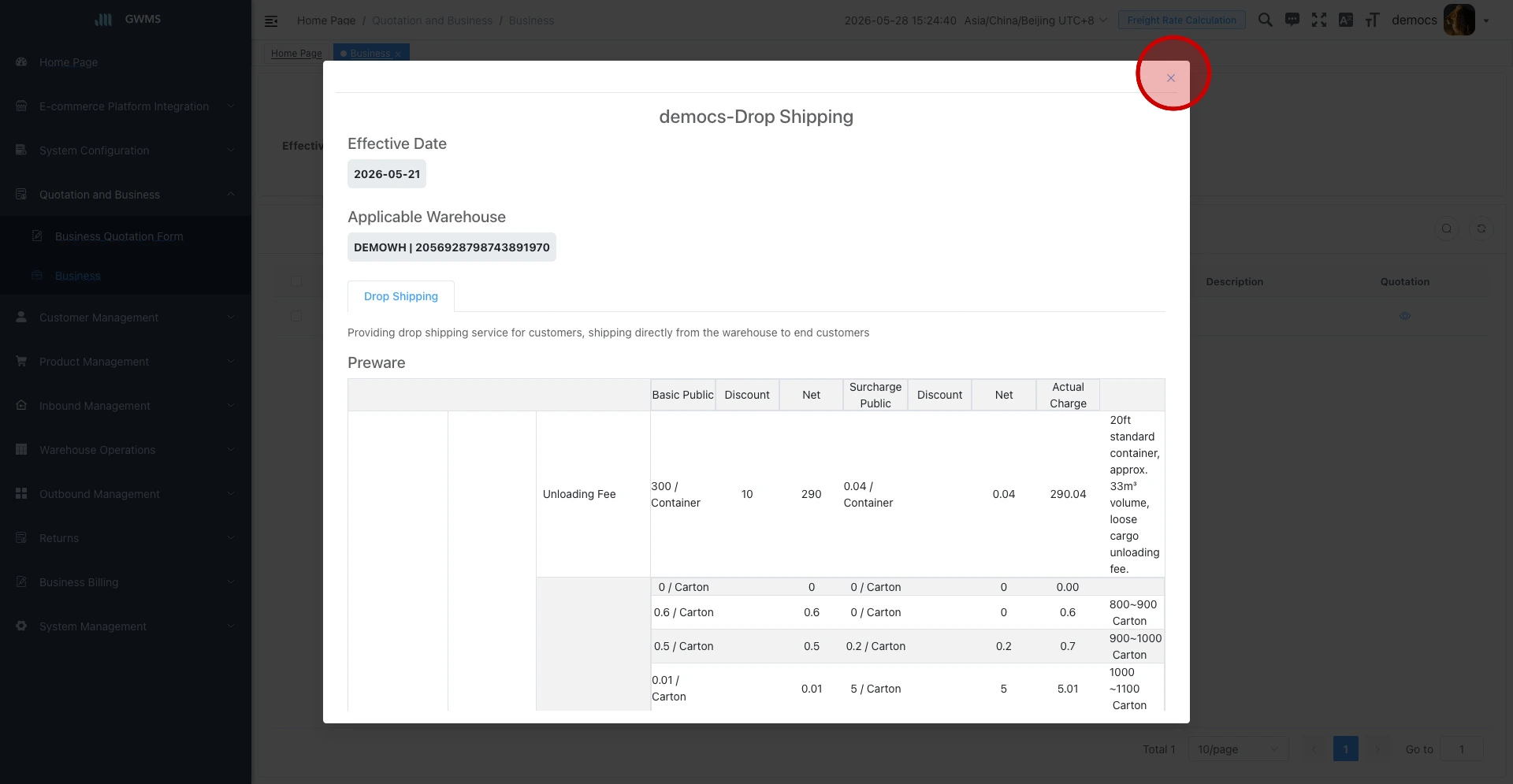 Review the quotation detail dialog
