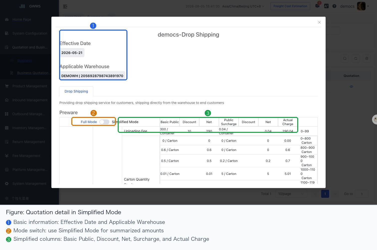 Review the quotation detail dialog in simple mode