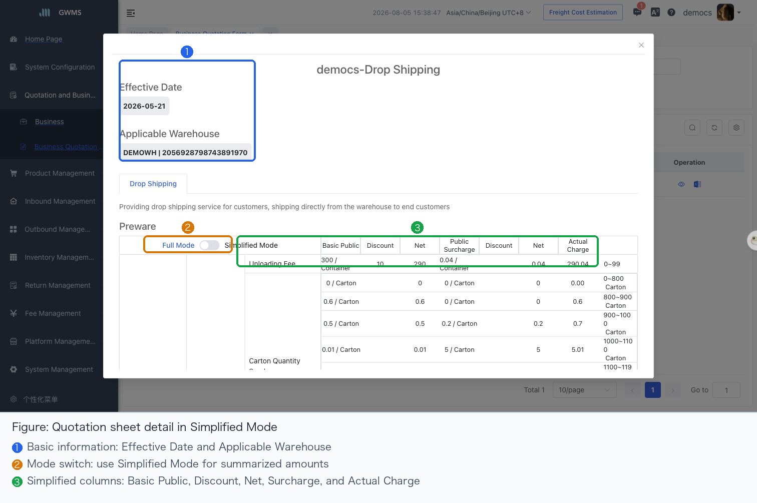 Review the quotation detail dialog in simple mode