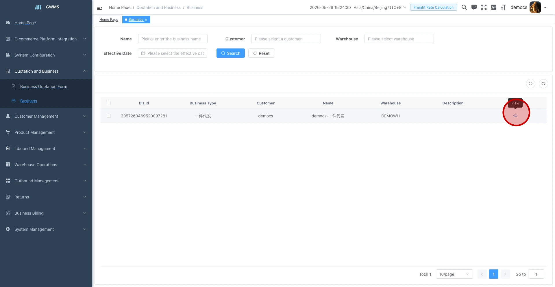 Click the quotation entry in the Business list