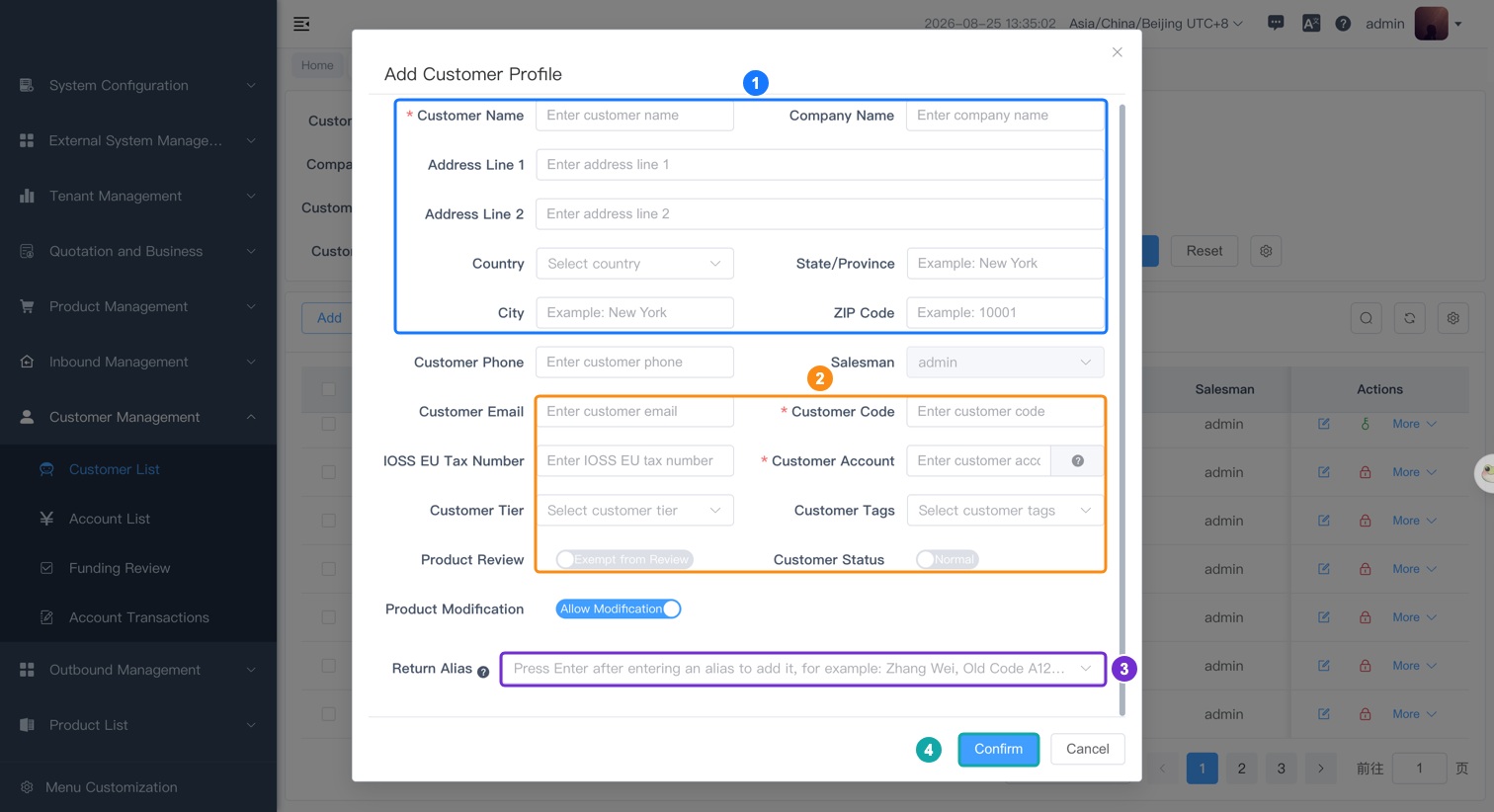 Fill in customer profile information