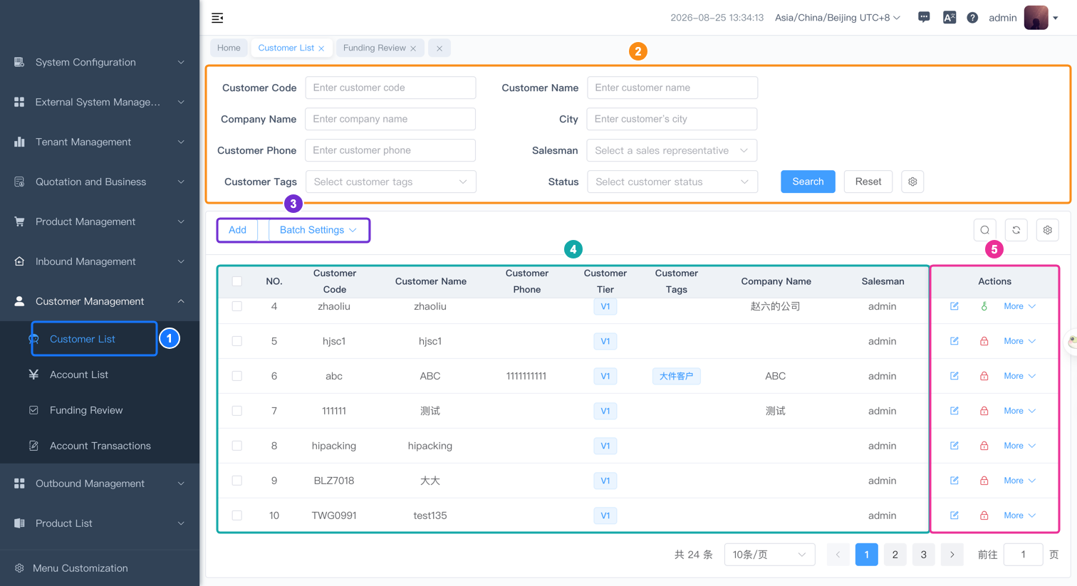 Customer List page