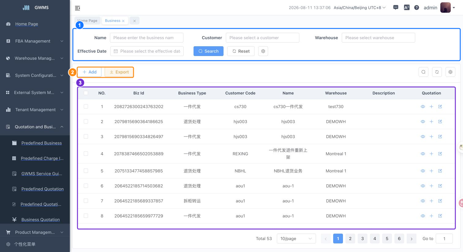 Business list page