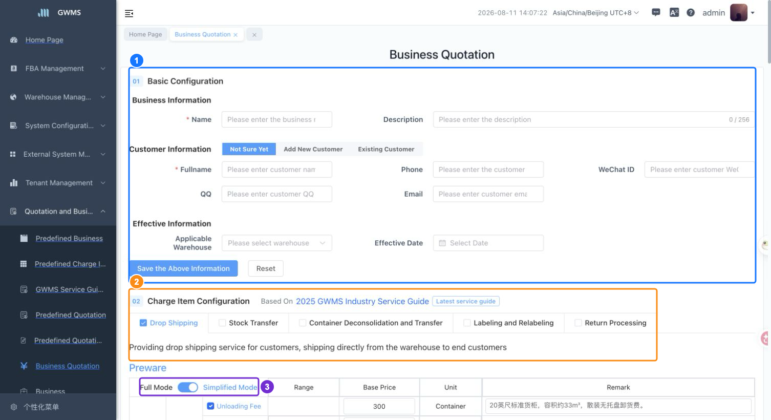 Business Quotation page overview