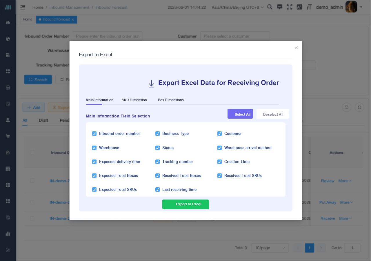 Inbound order export field selection dialog
