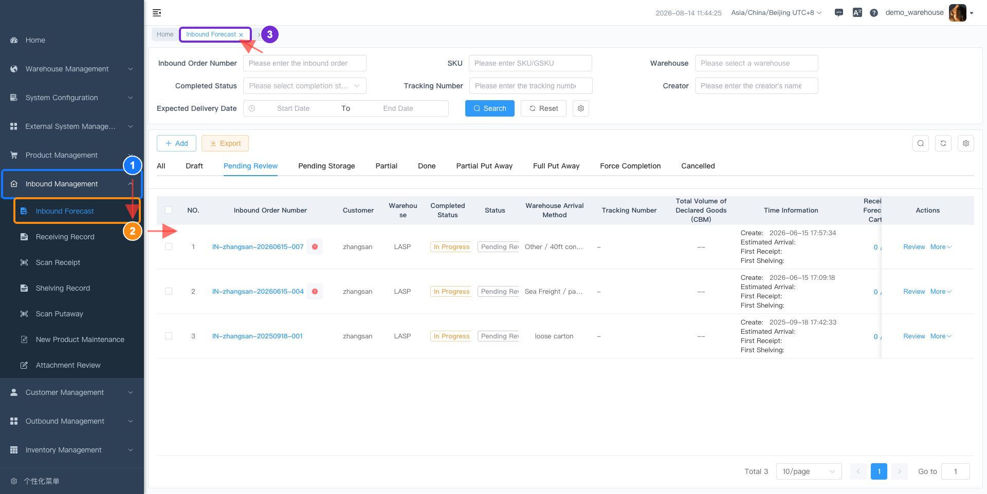 Open inbound forecast menu