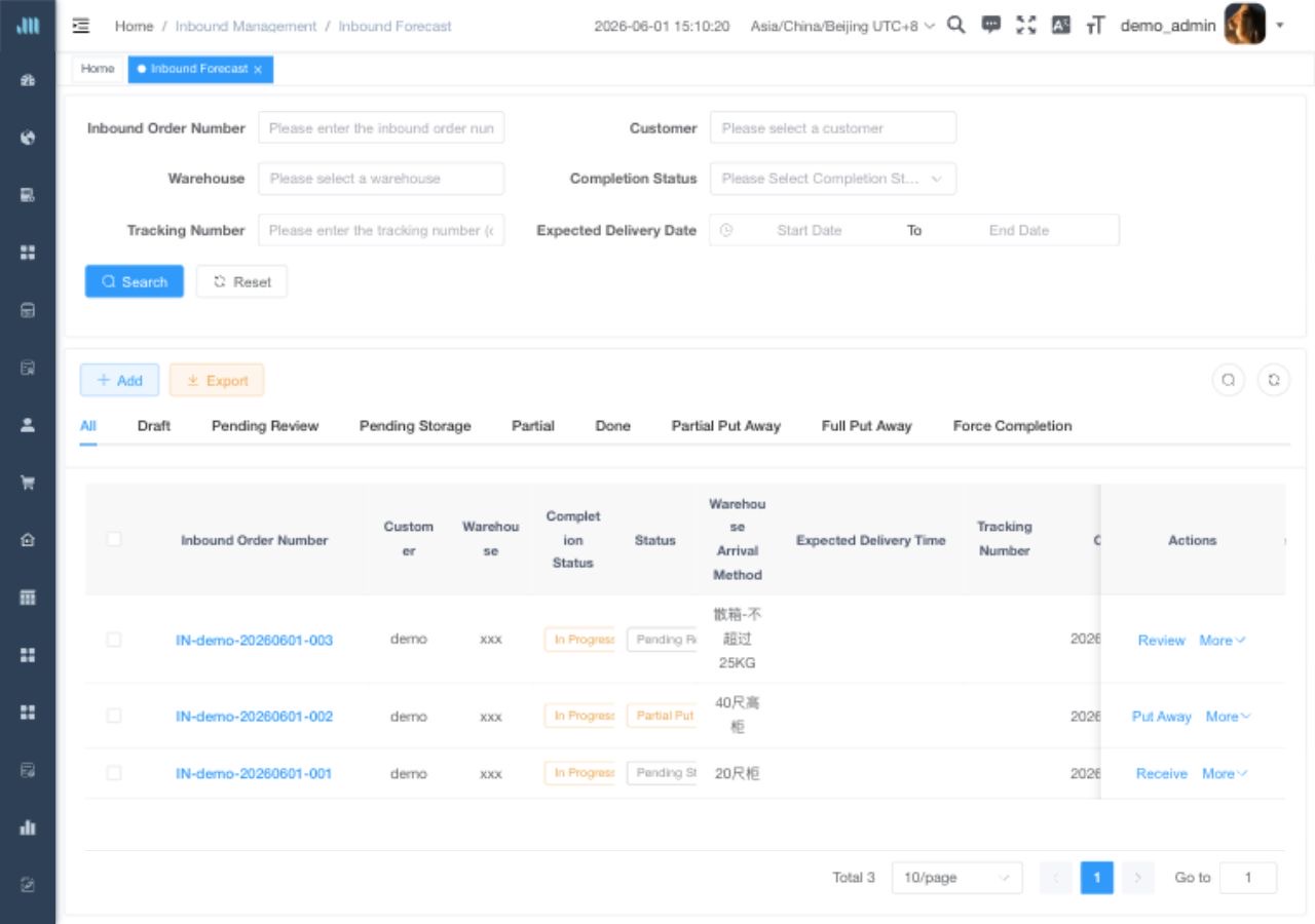 Click Receiving on the inbound forecast list