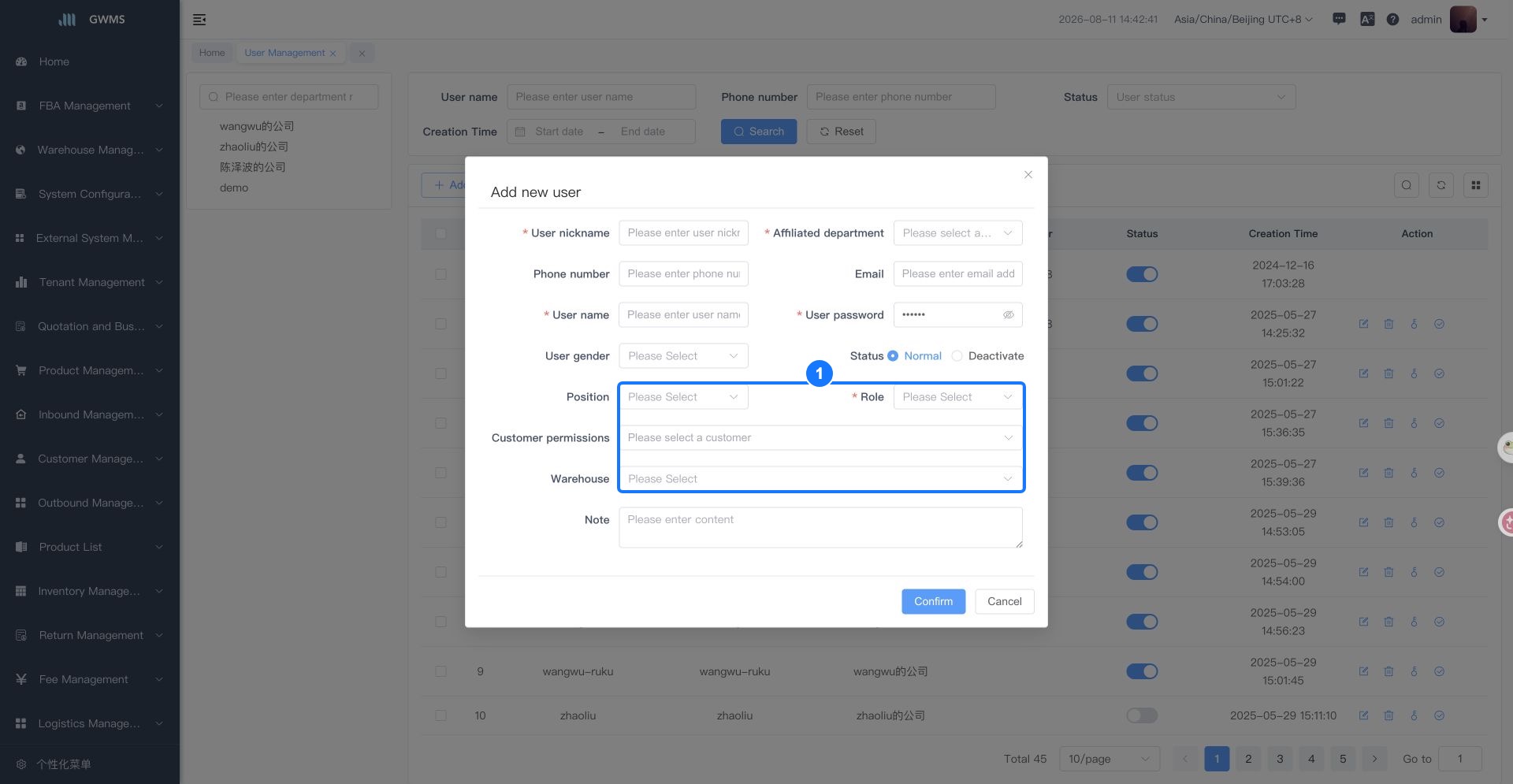 Add new user pop-up
