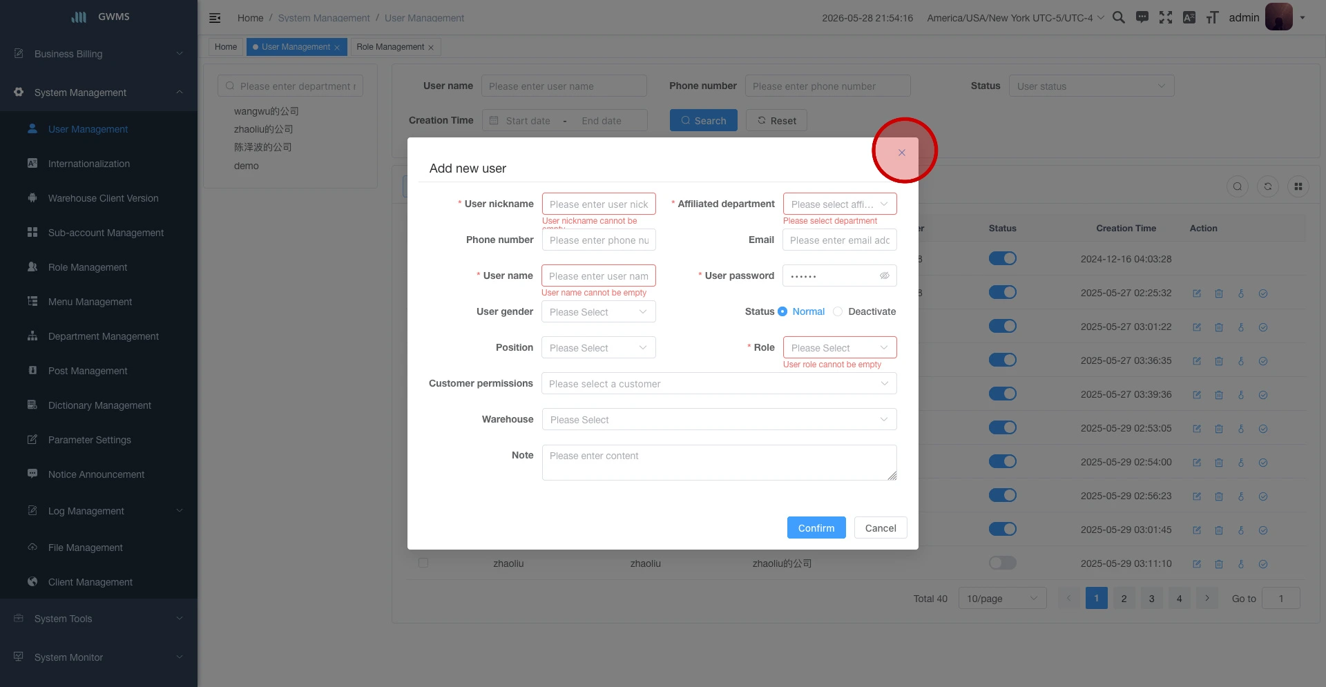 Required fields in the Add new user pop-up