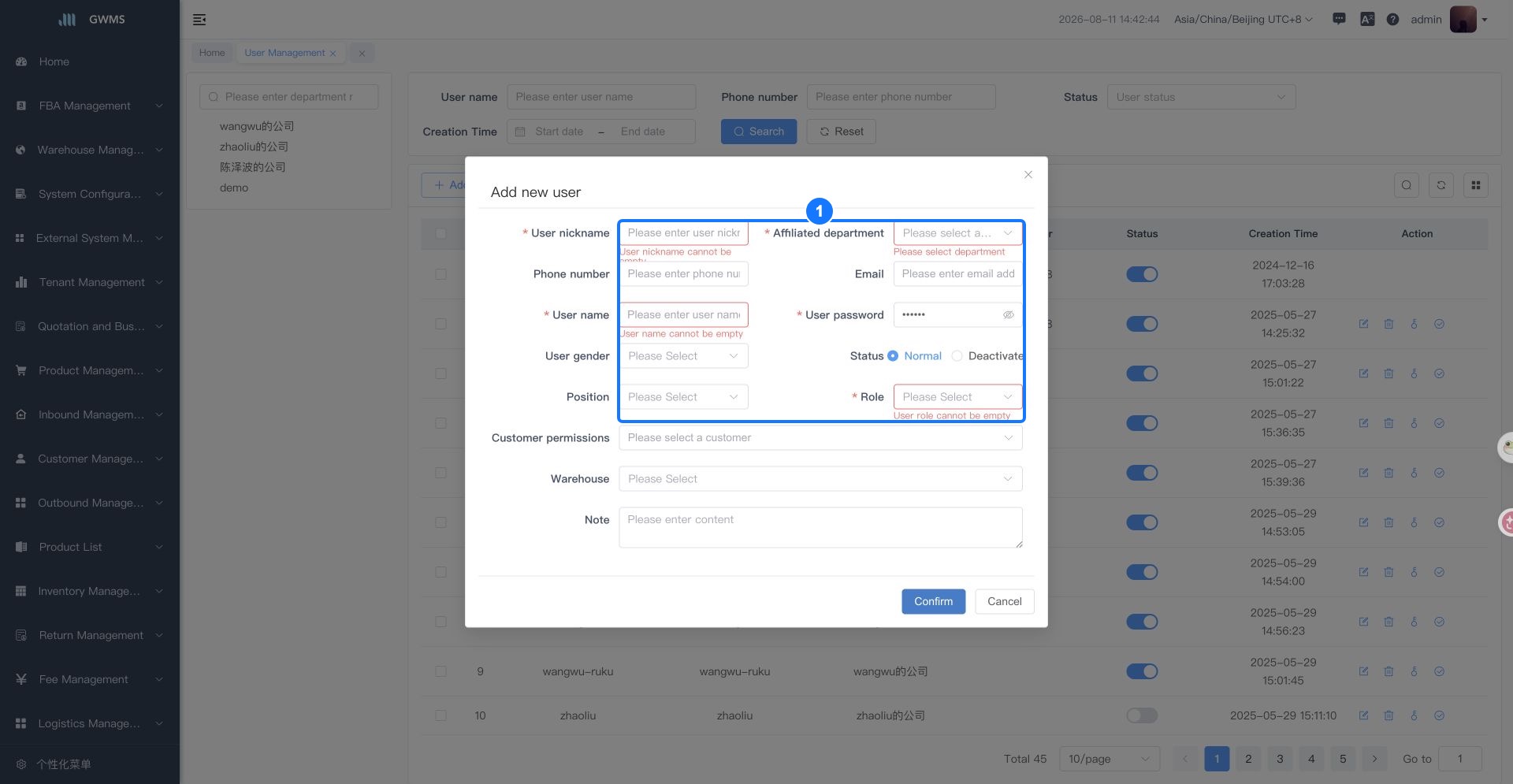 Required fields in the Add new user pop-up