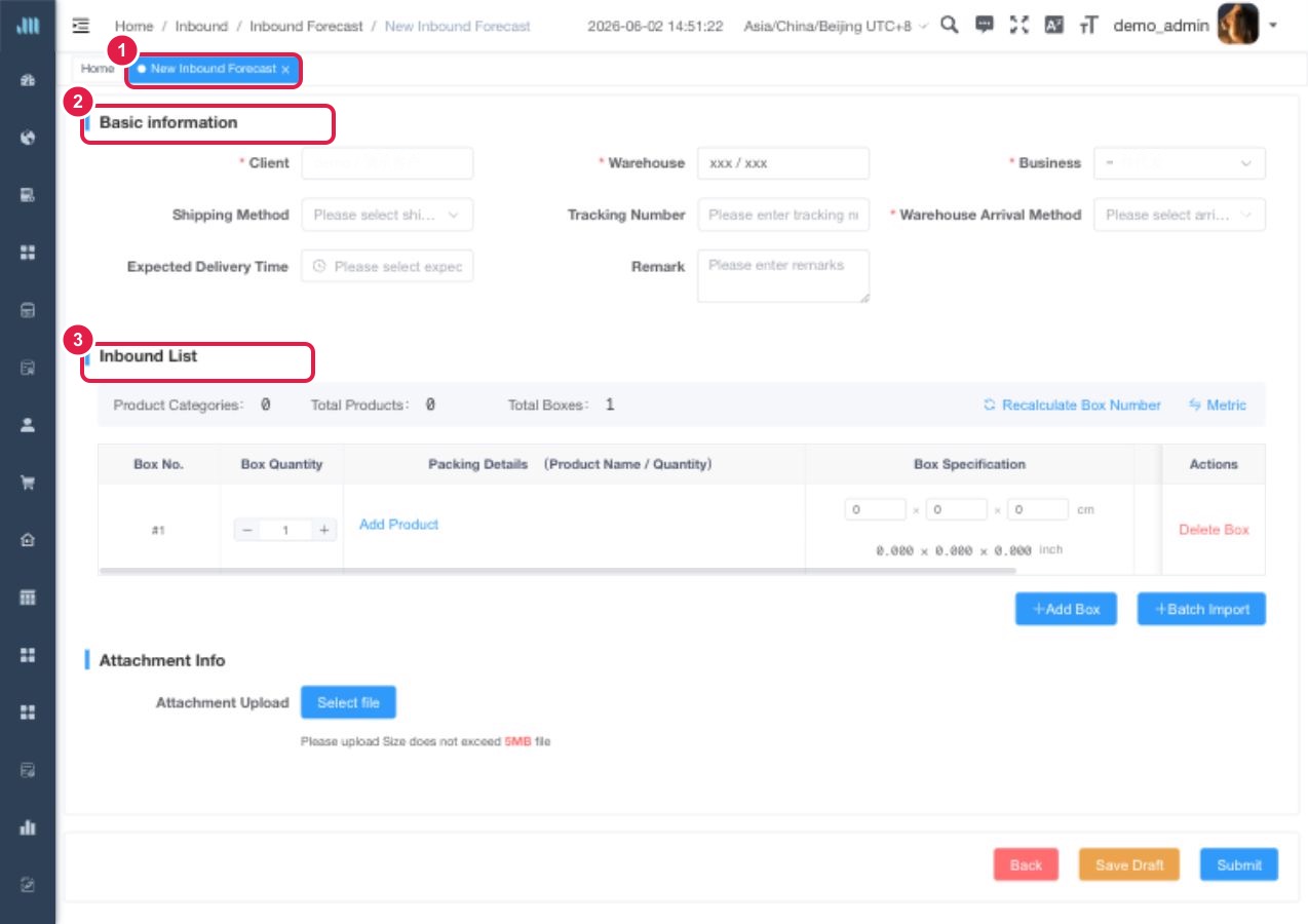 Open the inbound order creation page