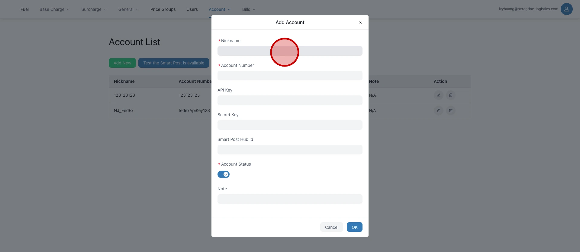 填写信息（Account Number填物流账号的apiKey）...